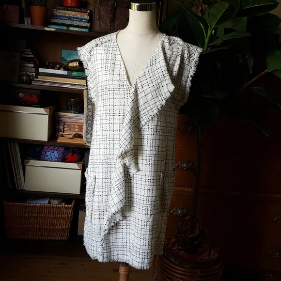 Zara Tweed Asymmetric Ruffle Dress V Neck Pockets - Picture 4 of 9